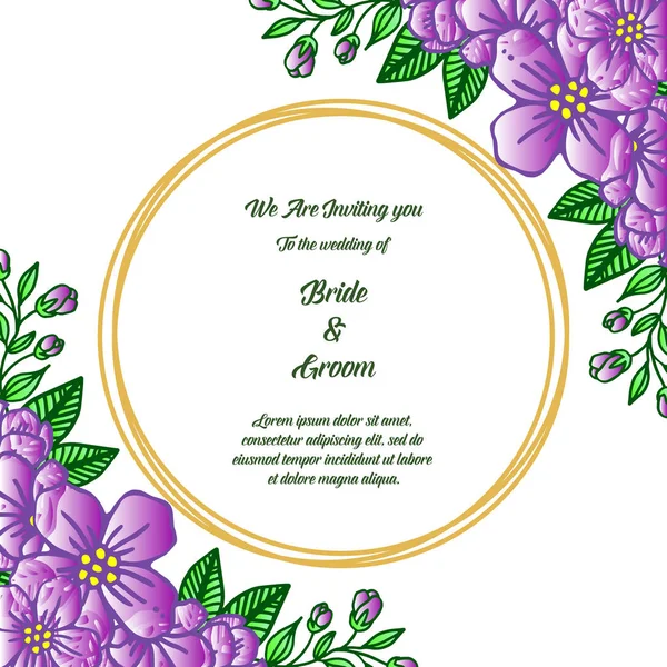 Vinobranná pohlednice s nevěstou a ženichem s elegantním stylem fialový květinový rám. Vektorové — Stockový vektor