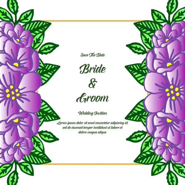Mor çiçek çerçeve zarif tarzı ile gelin ve damat Vintage davetiye kartı. Vektör