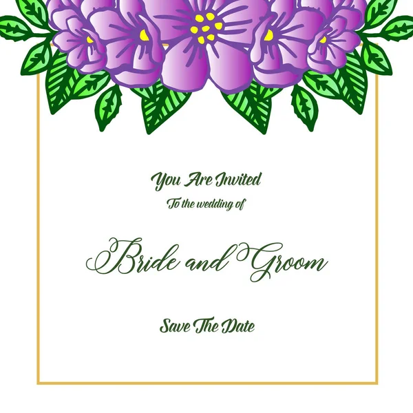 Aranyos menyasszony és a vőlegény esküvőre meghívó romantikus, tapéta fényes lila virág keretben. Vektor — Stock Vector