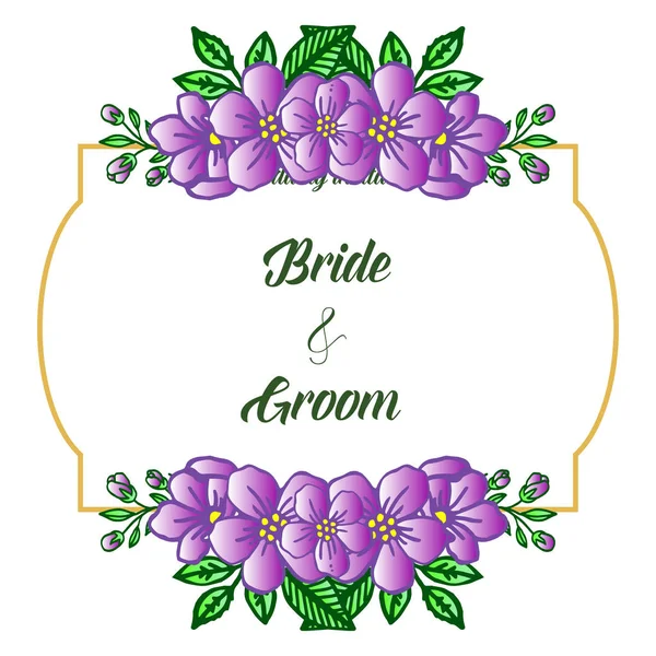 Mariée mignonne et marié pour carte d'invitation de mariage romantique, avec cadre de fleur violet vif papier peint. Vecteur — Image vectorielle