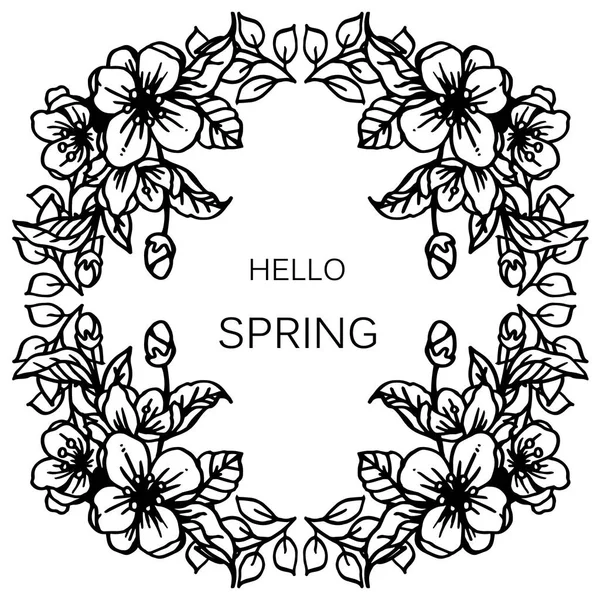 Davet kartı merhaba bahar, beyaz arka plan üzerinde siluet çelenk çerçeve ile. Vektör