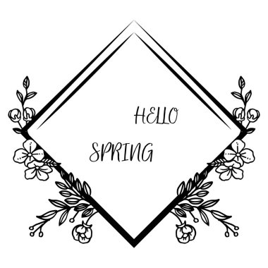 El yazısı yazı merhaba bahar, yaprak çiçek dokusu ile zarif çerçeve. Vektör