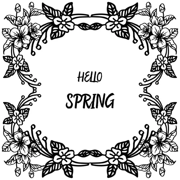 Hola tarjeta de primavera con hermosas hojas y marco de flores. Vector — Vector de stock