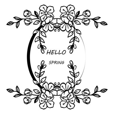 Beyaz arka plan üzerinde siyah çizgi sanat, yaprak çiçek çerçeve, metin merhaba bahar ile kart için. Vektör