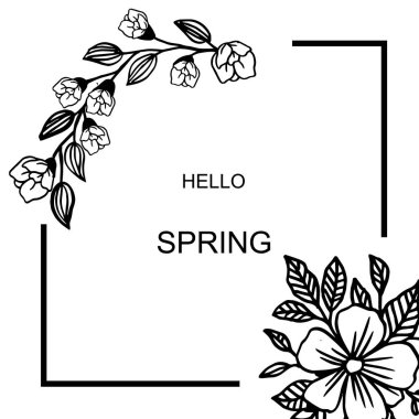 Yaprak çiçek siyah ve beyaz ile çeşitli şekil çerçeve Merhaba bahar tebrik kartı. Vektör