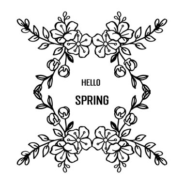 Yaprak çiçek siyah ve beyaz ile çeşitli şekil çerçeve Merhaba bahar tebrik kartı. Vektör