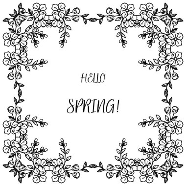 Merhaba bahar tebrik kartı, el çizilmiş yaprak çiçek çerçeve. Vektör