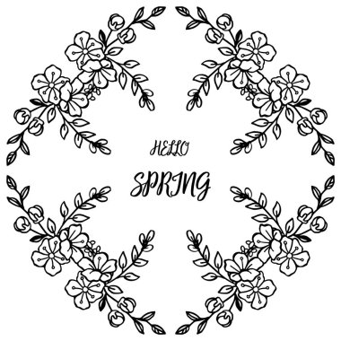 Merhaba bahar tebrik kartı, el çizilmiş yaprak çiçek çerçeve. Vektör