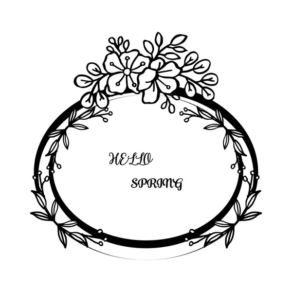 Beyaz arka plan üzerinde siyah çizgi sanat, yaprak çiçek çerçeve, metin merhaba bahar ile kart için. Vektör