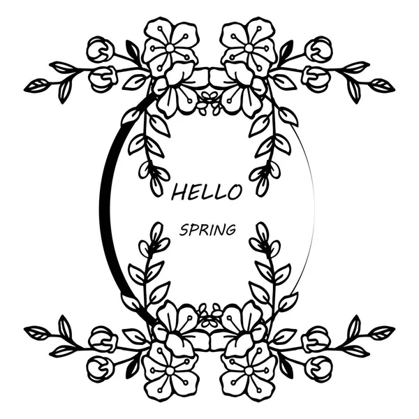 Beyaz arka plan üzerinde siyah çizgi sanat, yaprak çiçek çerçeve, metin merhaba bahar ile kart için. Vektör