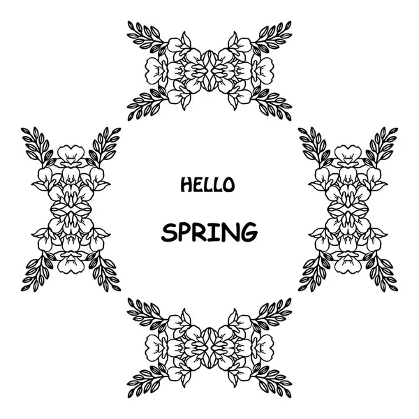 Hola tarjeta de felicitación de primavera en varios marcos de forma con hoja floral en blanco y negro. Vector — Vector de stock