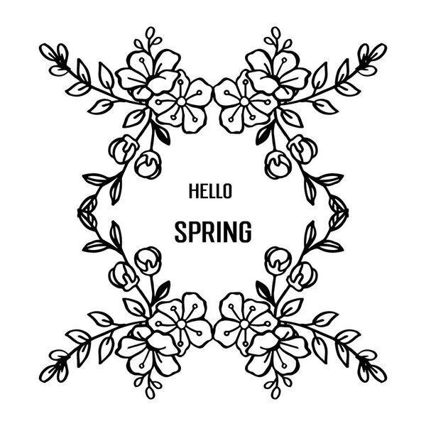 Hola tarjeta de felicitación de primavera en varios marcos de forma con hoja floral en blanco y negro. Vector — Vector de stock