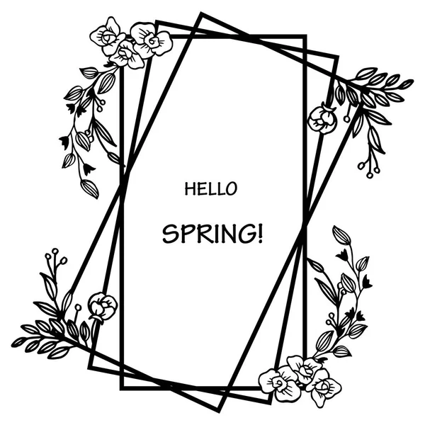 Olá primavera cartão de saudação, moldura floral folha desenhada à mão. Vetor — Vetor de Stock