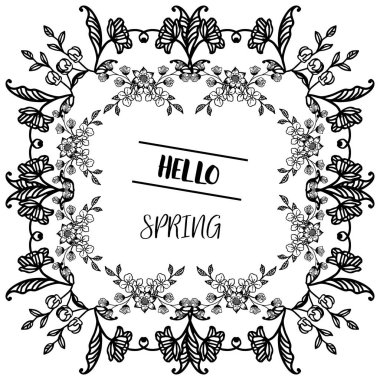 Merhaba bahar tasarım davet kartı için şablon, yaprak ve çiçek çerçeve bitki ile. Vektör