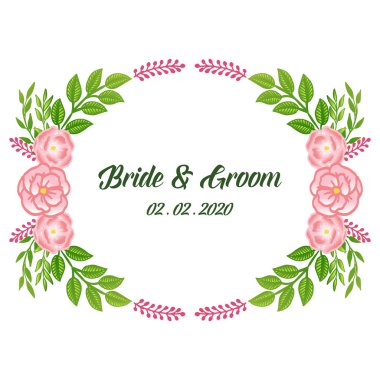 Beyaz arka plan üzerinde pembe gül çiçek çerçeve ile Gelin ve damat davet kartı. Vektör