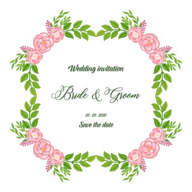 Düğün veya gelin ve damat davet kartı için pembe gül çiçek çerçeve. Vektör