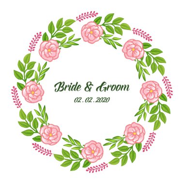Pembe gül çiçek çerçeve desen tasarımı ile gelin ve damat Vintage kart. Vektör