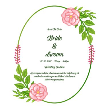 Pembe gül çiçek çerçeve şekil daire ile kart gelin ve damat için tarih kaydedin. Vektör