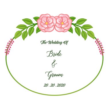 Pembe gül çiçek çerçeve şekil daire ile kart gelin ve damat için tarih kaydedin. Vektör