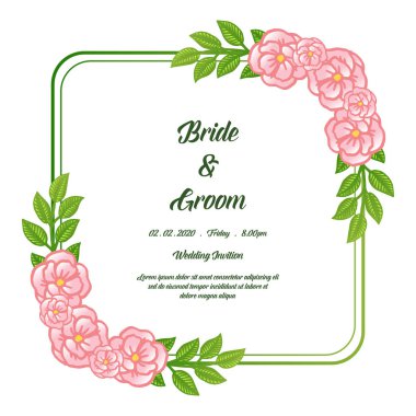 Gelin ve damat tebrik kartı veya düğün davetiyekartı, zarif pembe gül çiçek çerçeve tarzı ile. Vektör