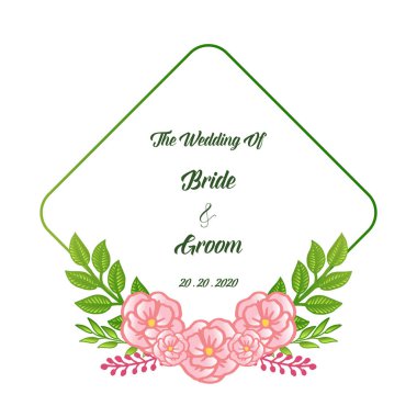 Gelin ve damat tebrik kartı veya düğün davetiyekartı, zarif pembe gül çiçek çerçeve tarzı ile. Vektör
