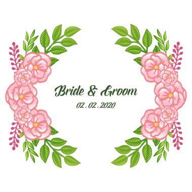 Gelin ve damat yazıiçin pembe gül çiçek çerçeve tasarım elemanı. Vektör