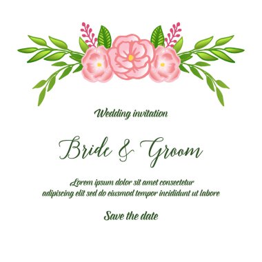 Gelin ve damat yazıiçin pembe gül çiçek çerçeve tasarım elemanı. Vektör
