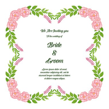 Modern parlak pembe gül çiçek çerçeve ile davet kartı gelin ve damat şablonu. Vektör