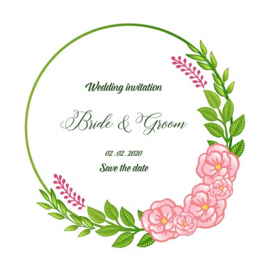 Modern parlak pembe gül çiçek çerçeve ile davet kartı gelin ve damat şablonu. Vektör