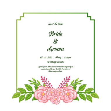 Zarif pembe gül çiçek çerçeve güzellik, retro tarzında kart gelin ve damat için şablon. Vektör