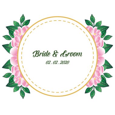 Soyut pembe çiçek çerçeveli gelin ve damadın desen kartı. Vektör