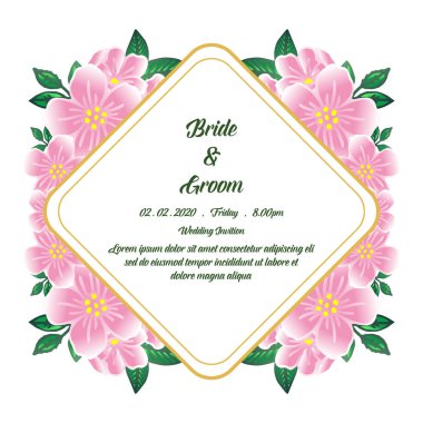 Tebrik kartı gelin ve damat dekorasyon, pembe çiçek çerçeve süsü ile. Vektör