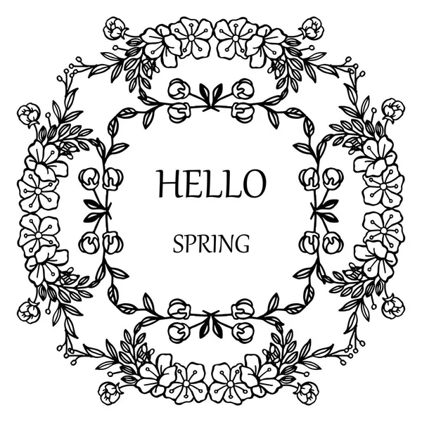Letras de hola primavera, con marco floral de hoja sobre fondo blanco. Vector — Vector de stock