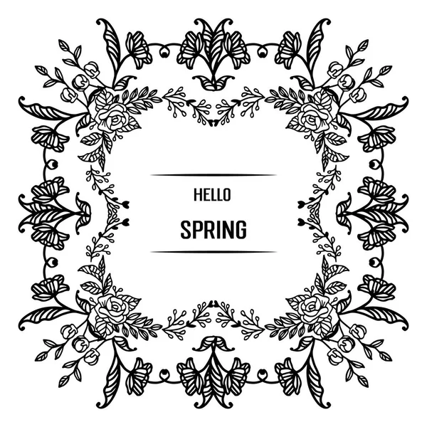 Escrito a mano de hola primavera con marco de flor de hoja abstracta. Vector — Vector de stock