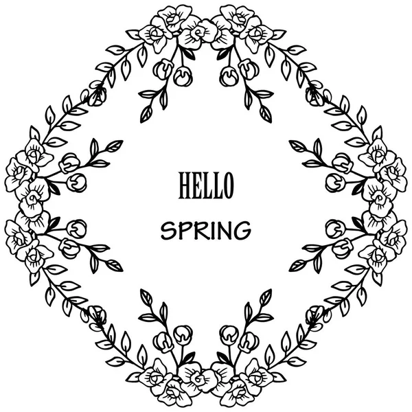 Escrito a mano de hola primavera con marco de flor de hoja abstracta. Vector — Vector de stock