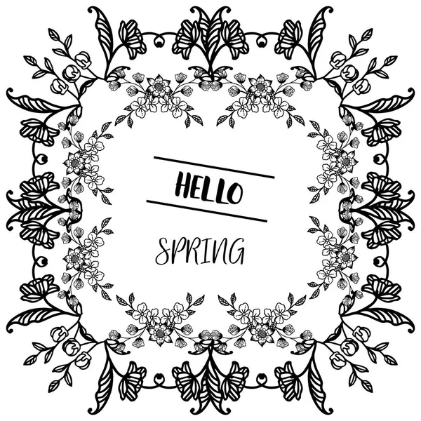 Plantilla para diseño invitación tarjeta de hola primavera, con planta de hojas y marco de flores. Vector — Vector de stock