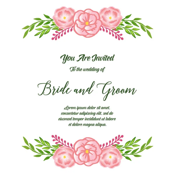 Scheda vintage di sposa e sposo con disegno del modello di rosa rosa cornice fiore. Vettore — Vettoriale Stock