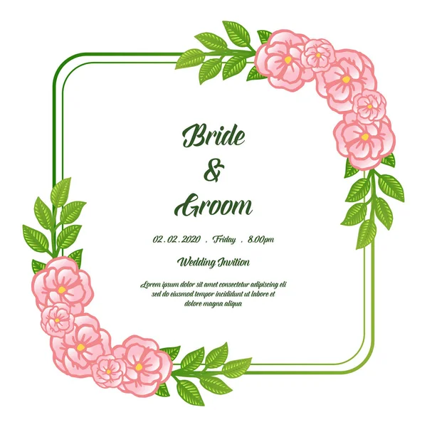Gelin ve damat tebrik kartı veya düğün davetiyekartı, zarif pembe gül çiçek çerçeve tarzı ile. Vektör