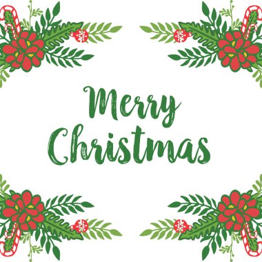 Yeşil yaprakları ve parlak kırmızı çiçek çerçeve bitki ile, el çizilmiş neşeli noel tebrik kartı. Vektör
