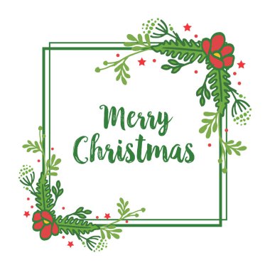 Yeşil yaprakları ve parlak kırmızı çiçek çerçeve bitki ile, el çizilmiş neşeli noel tebrik kartı. Vektör