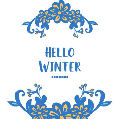 Mavi yaprakları ve çiçek çerçeve desen ile metin merhaba kış için beyaz arka plan. Vektör