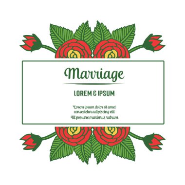 Evlilik el yazısı kart, doğa sanatı ile çiçek çerçeve gül. Vektör