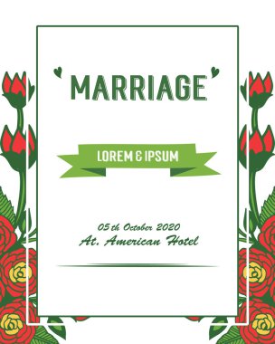 Çerçeve çeşitli şekil desen, özelliği yeşil yaprakları ve gül çiçeği ile, kart evlilik süslü için. Vektör