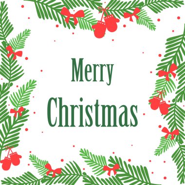 Yeşil yaprak çiçek çerçeve çizimi ile davet kartı merry christmas için beyaz arka plan. Vektör