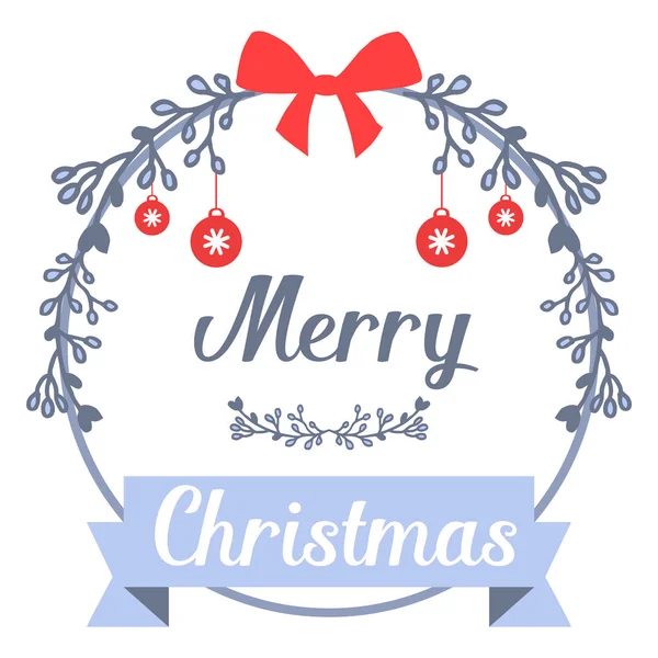 手写的横幅圣诞快乐，与可爱的蓝叶花框。向量 — 图库矢量图片