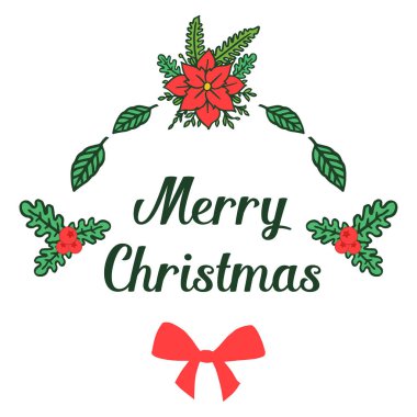 Yeşil yaprakları çerçeve ve kırmızı çiçek, beyaz arka plan üzerinde izole ile tebrik kartı neşeli noel şablonu. Vektör