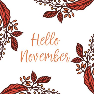 Poster merhaba Kasım Şablonu, yaprak çiçek çerçeve desen sanatı ile. Vektör