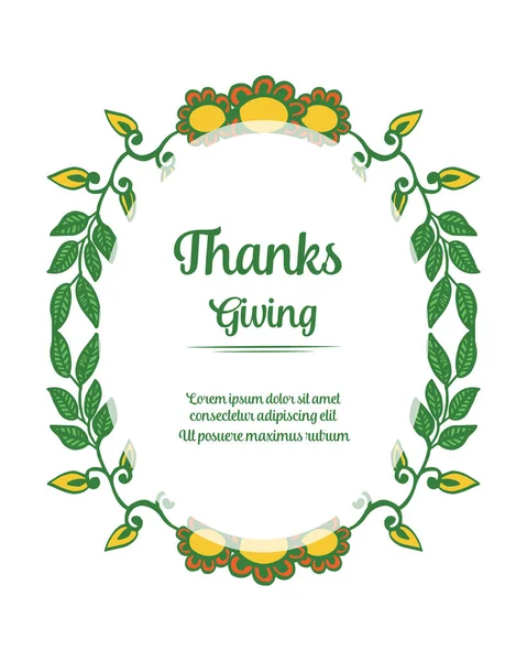 Text greeting card of thanksgiving, with green leafy flower frame background. Vector — Stock Vector