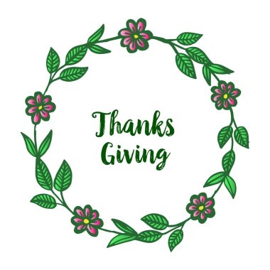 Calligraphic yazı şükran, çelenk çerçeve ve yeşil yaprakları şekil motifdaire ile. Vektör