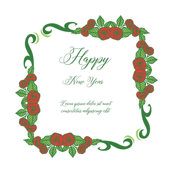 Greeting card happy new year, with beautiful red rose flower frame. Vector — Stock Vector